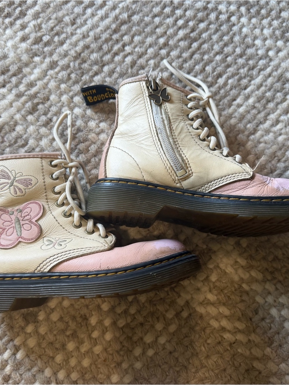 Dr. Martens White and Pink Butterfly Leather Ankle Boots